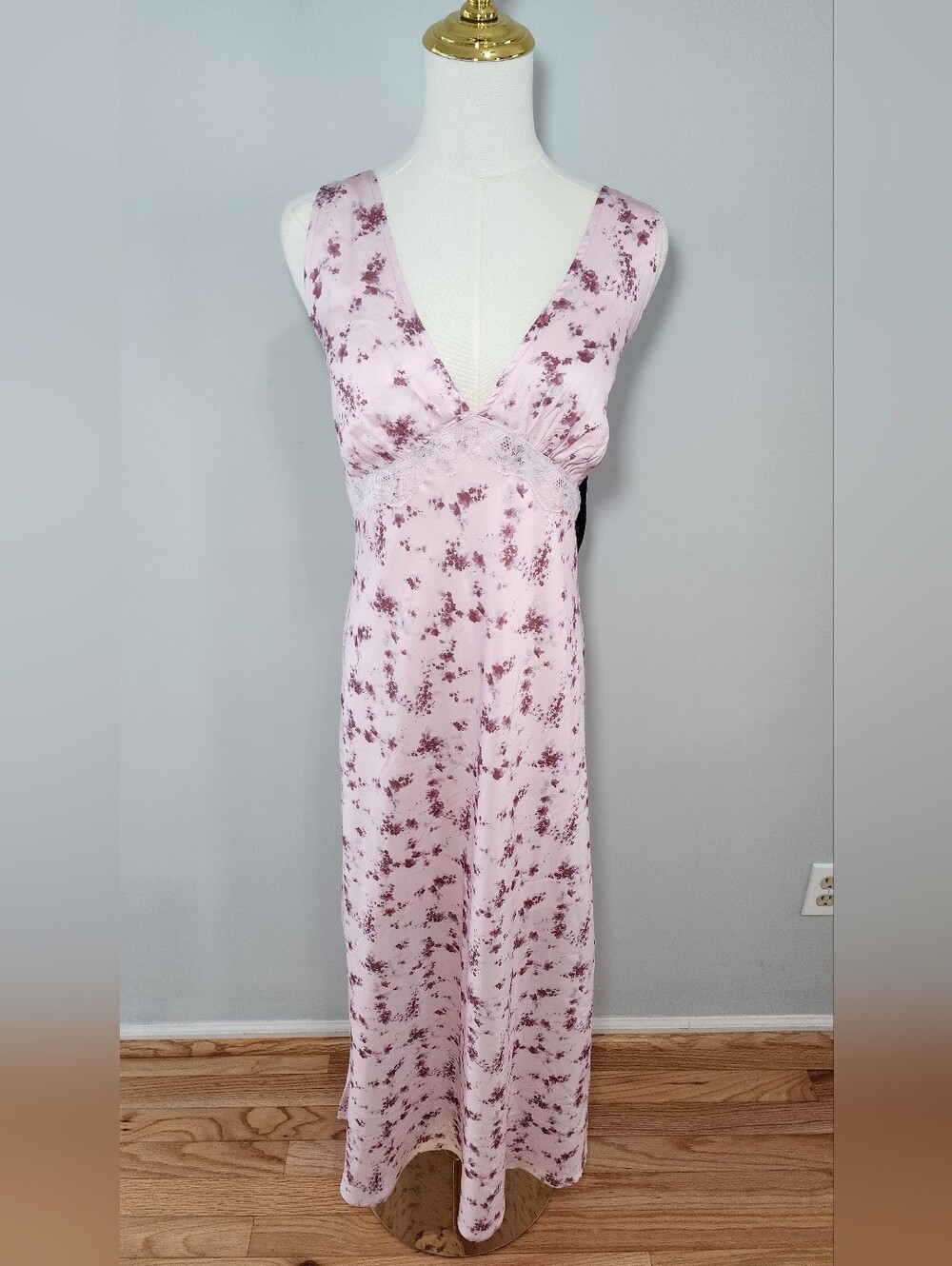 Satin Maxi Slip Dress With Lace Trim Dusty Pink V-Neck Summer Casual Size XL